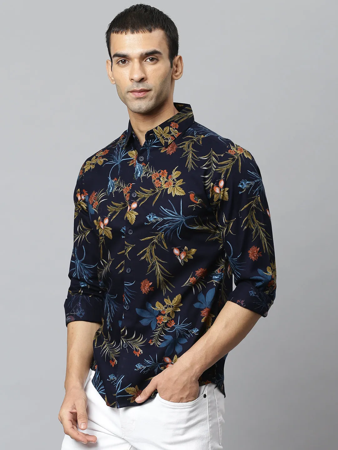 Men's Floral Navy Slim Fit Cotton Casual Shirt