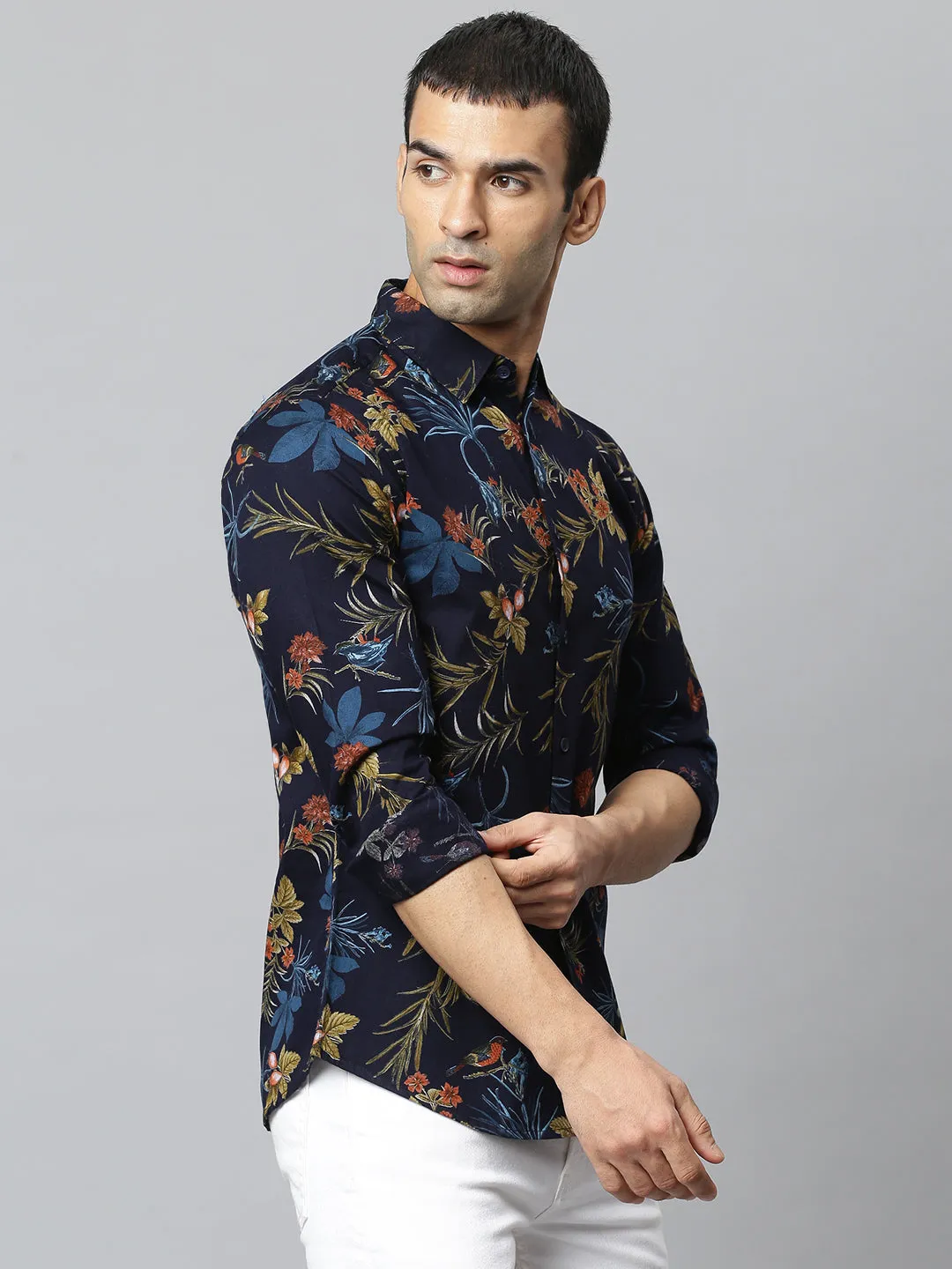 Men's Floral Navy Slim Fit Cotton Casual Shirt