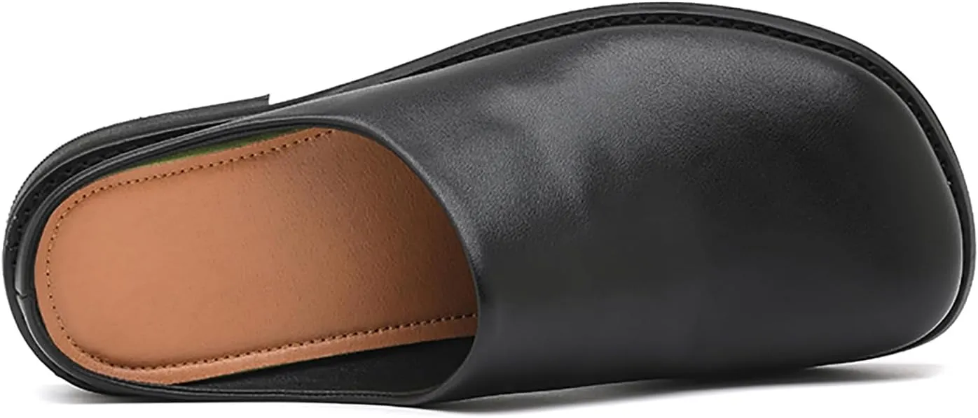 Men's Leather Mules Slippers Round Toe Low Heel Slip-On Loafers Comfortable Breathable Backless Soft Sole Casual Shoes