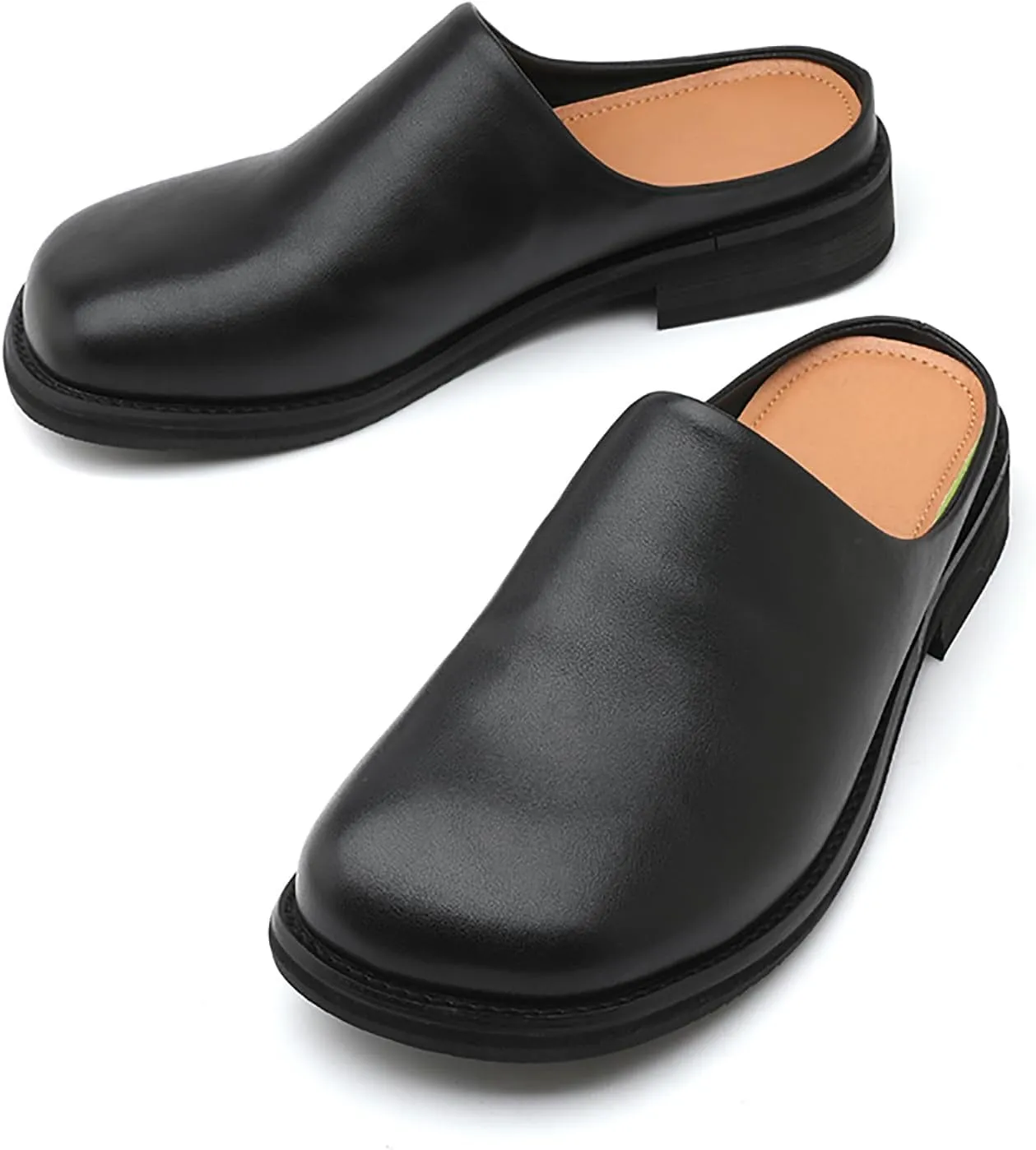 Men's Leather Mules Slippers Round Toe Low Heel Slip-On Loafers Comfortable Breathable Backless Soft Sole Casual Shoes