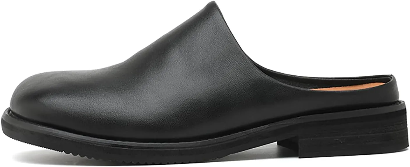 Men's Leather Mules Slippers Round Toe Low Heel Slip-On Loafers Comfortable Breathable Backless Soft Sole Casual Shoes