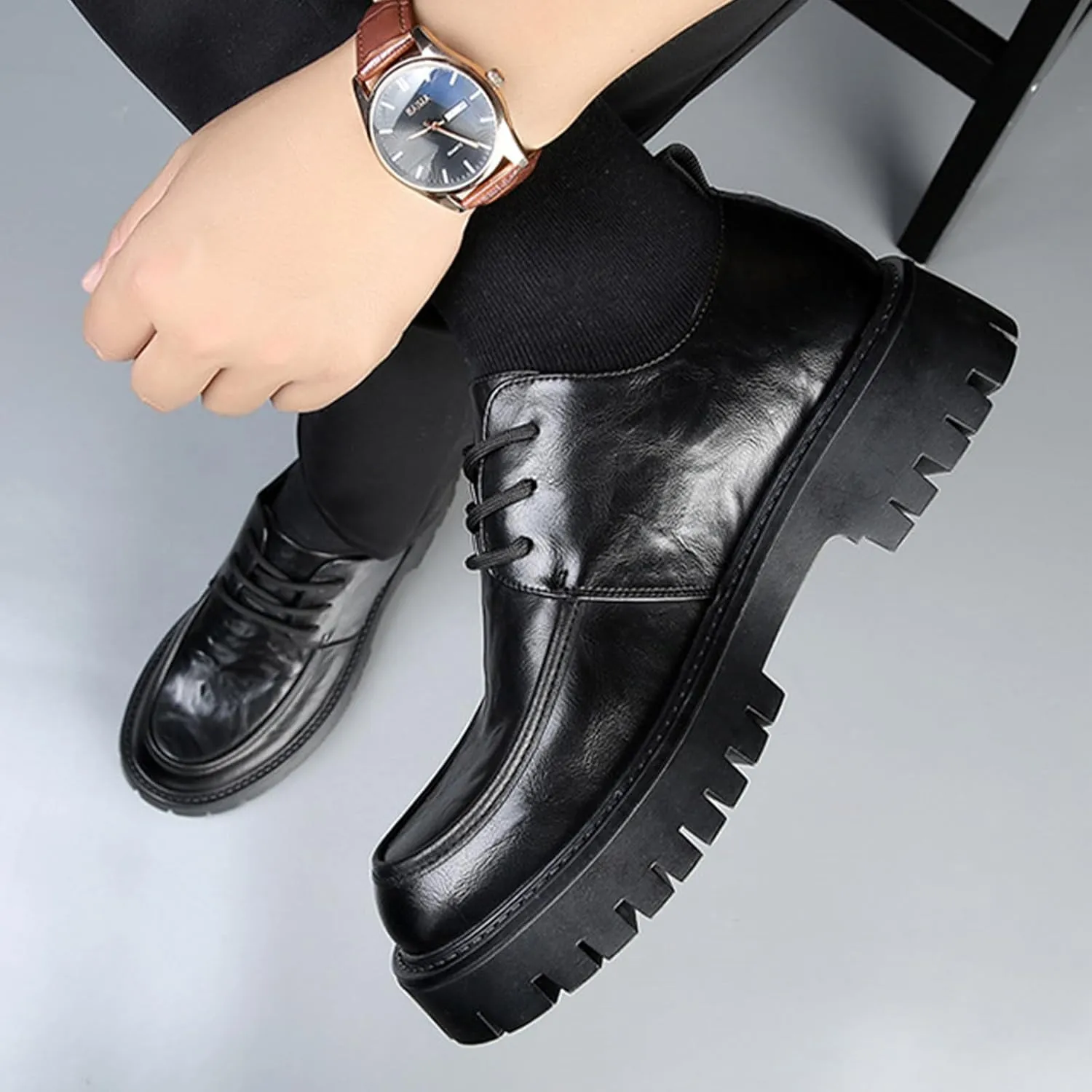 Men's Leather Platform Block Heel Oxfords Classic Round Toe Lace Up Lug Sole Soft Bottom Business Work Dress Shoes Non-Slip Heightening Derby Shoes