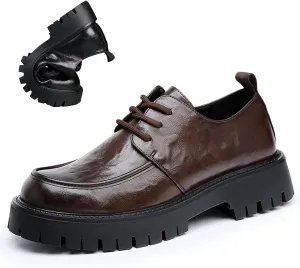 Men's Leather Platform Block Heel Oxfords Classic Round Toe Lace Up Lug Sole Soft Bottom Business Work Dress Shoes Non-Slip Heightening Derby Shoes