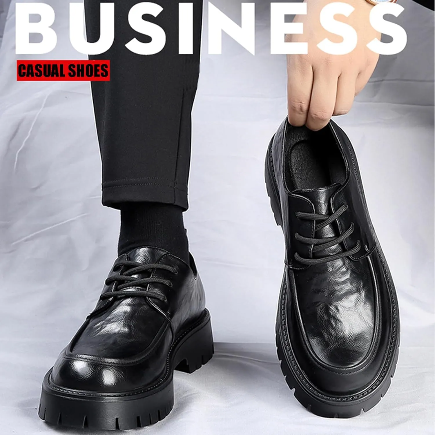 Men's Leather Platform Block Heel Oxfords Classic Round Toe Lace Up Lug Sole Soft Bottom Business Work Dress Shoes Non-Slip Heightening Derby Shoes