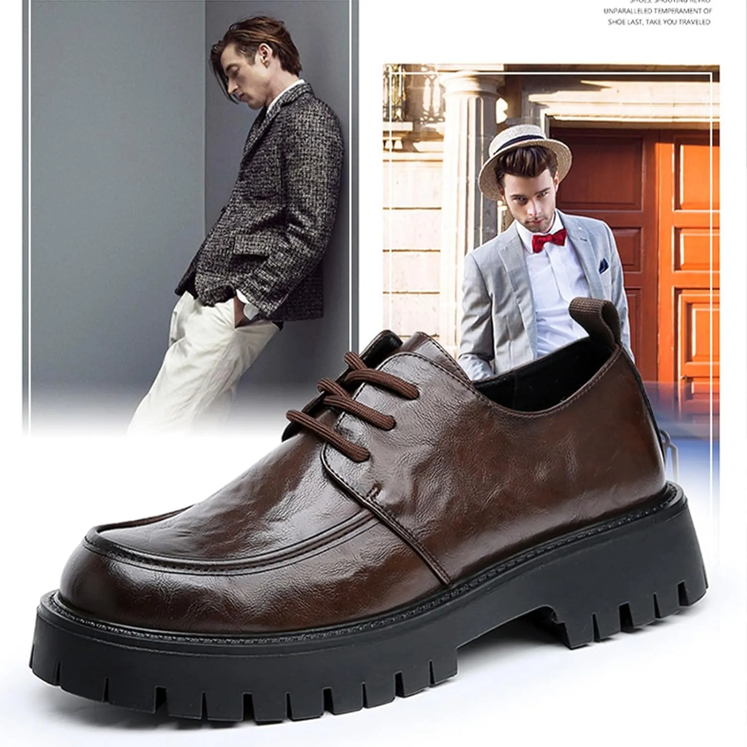 Men's Leather Platform Block Heel Oxfords Classic Round Toe Lace Up Lug Sole Soft Bottom Business Work Dress Shoes Non-Slip Heightening Derby Shoes