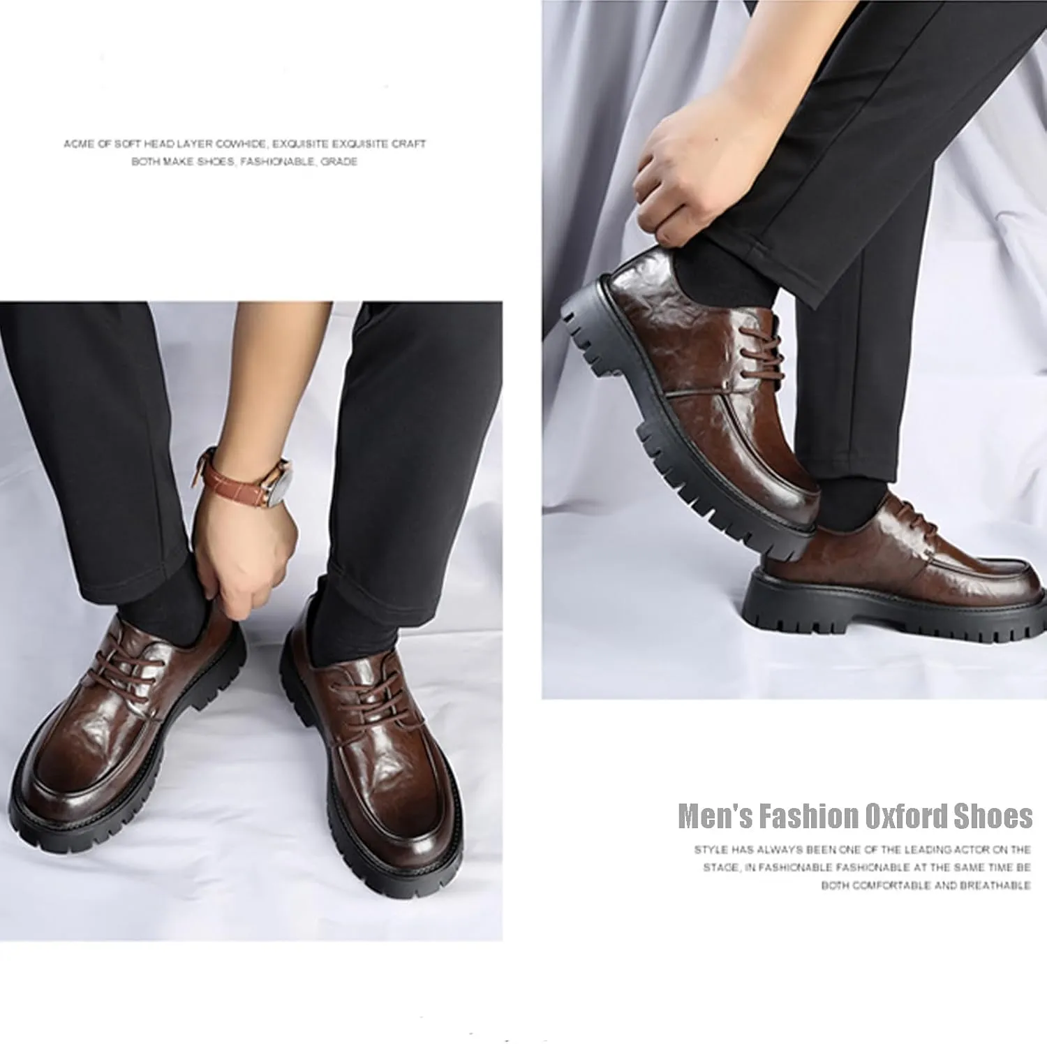 Men's Leather Platform Block Heel Oxfords Classic Round Toe Lace Up Lug Sole Soft Bottom Business Work Dress Shoes Non-Slip Heightening Derby Shoes
