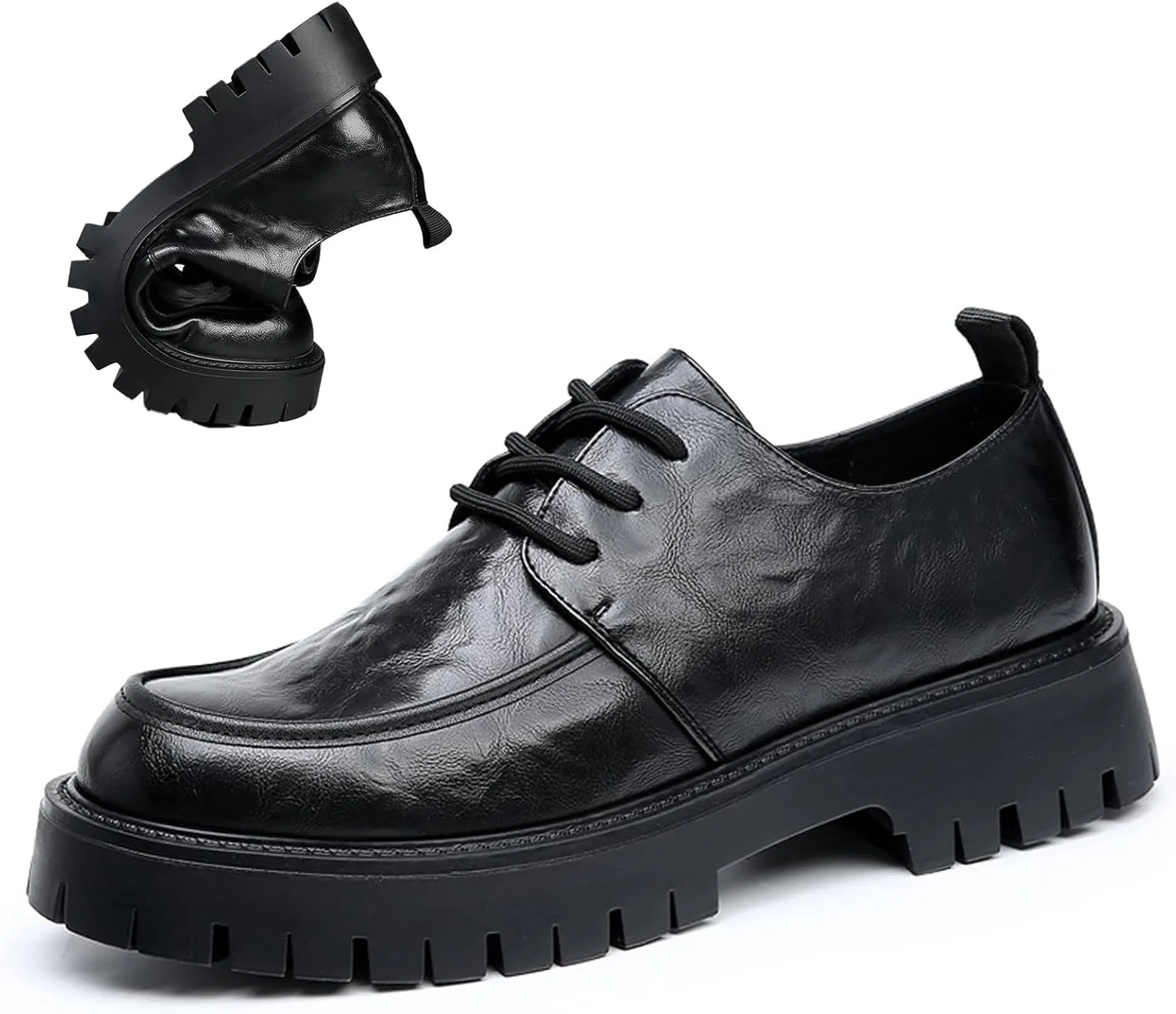 Men's Leather Platform Block Heel Oxfords Classic Round Toe Lace Up Lug Sole Soft Bottom Business Work Dress Shoes Non-Slip Heightening Derby Shoes