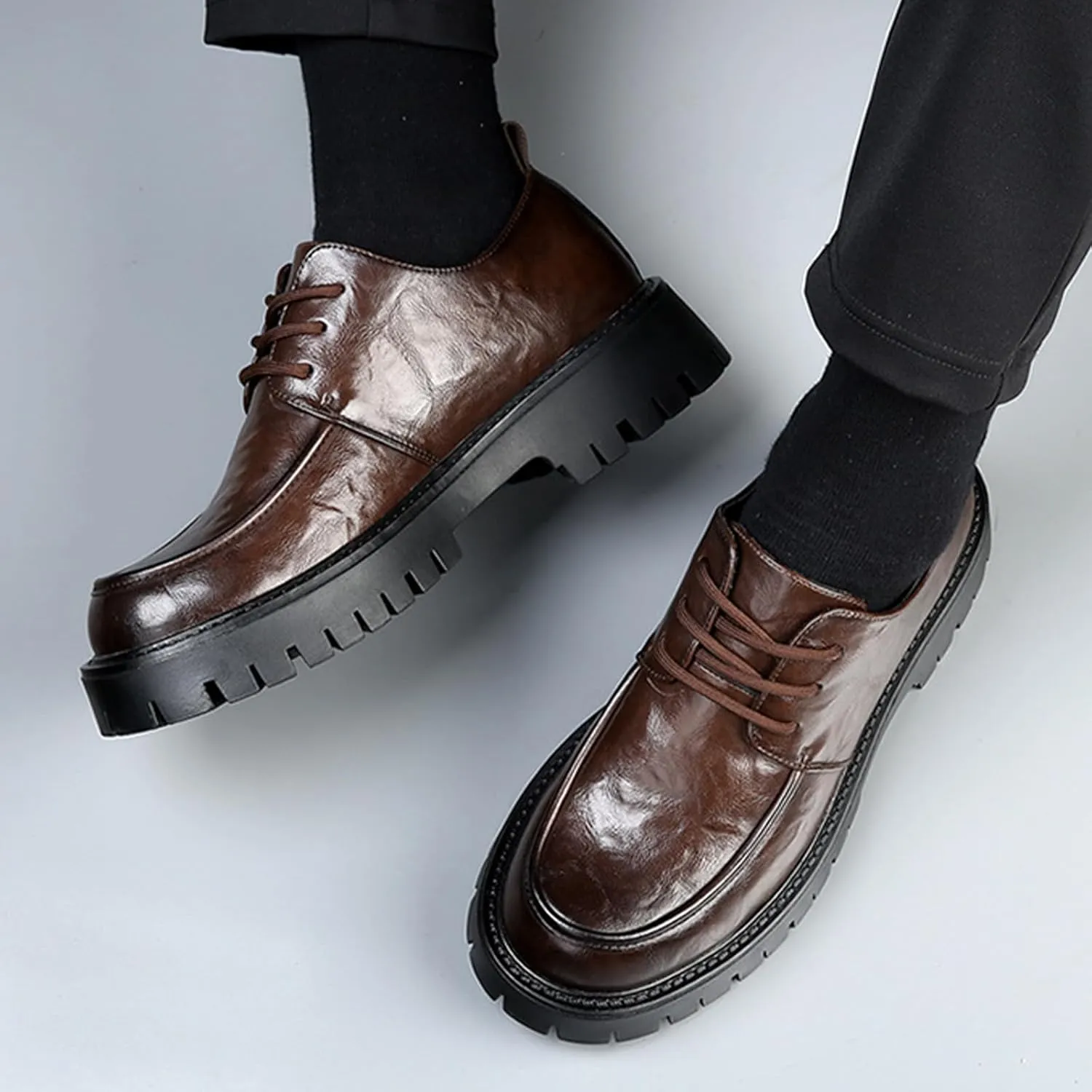 Men's Leather Platform Block Heel Oxfords Classic Round Toe Lace Up Lug Sole Soft Bottom Business Work Dress Shoes Non-Slip Heightening Derby Shoes