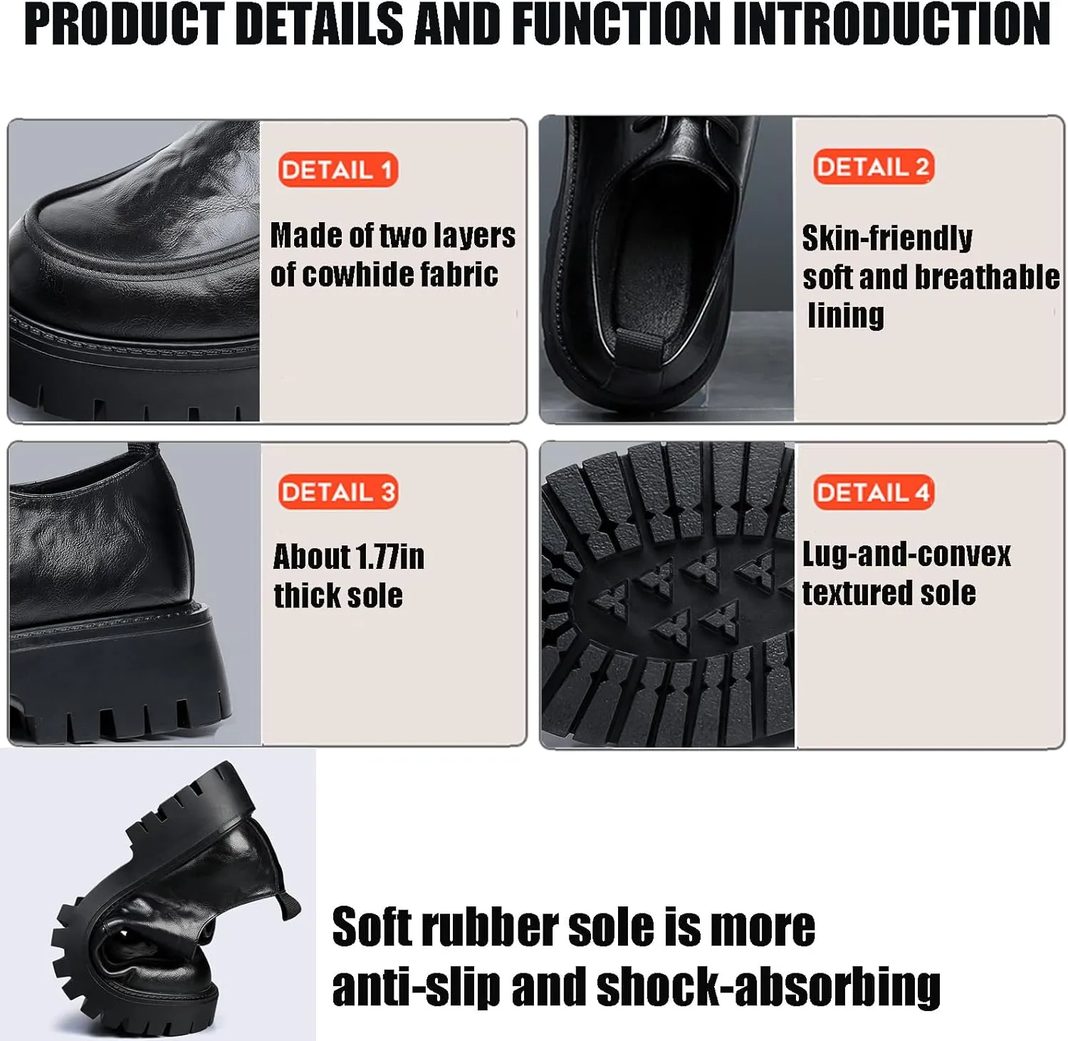 Men's Leather Platform Block Heel Oxfords Classic Round Toe Lace Up Lug Sole Soft Bottom Business Work Dress Shoes Non-Slip Heightening Derby Shoes
