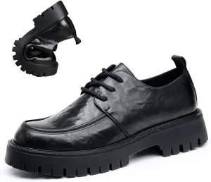 Men's Leather Platform Block Heel Oxfords Classic Round Toe Lace Up Lug Sole Soft Bottom Business Work Dress Shoes Non-Slip Heightening Derby Shoes