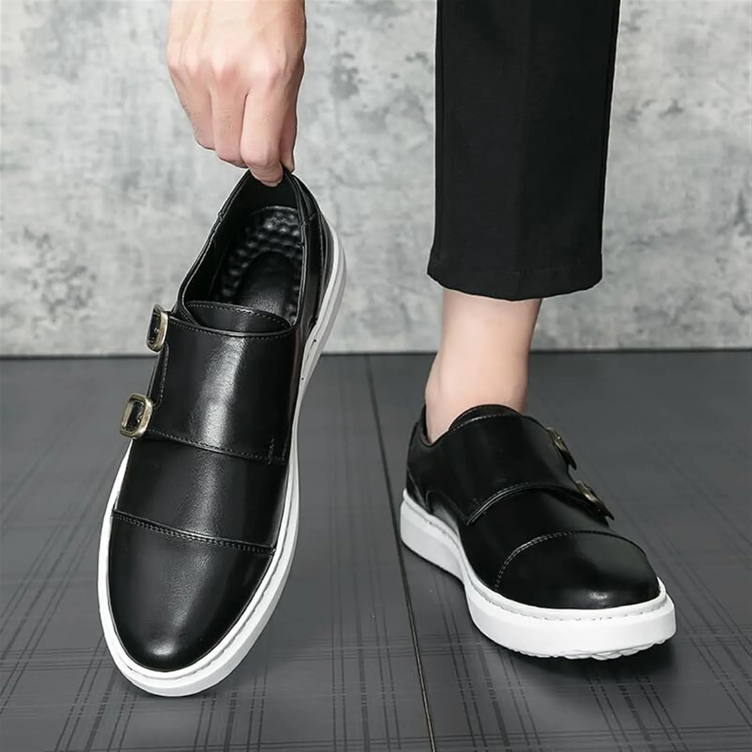Men's Leather Platform Slip On Double Strap Loafers Fashion Classic Flats Sole Dress Business Casual Walking Shoes Comfort Sneakers Dress Penny Loafers Derby Shoes for Men