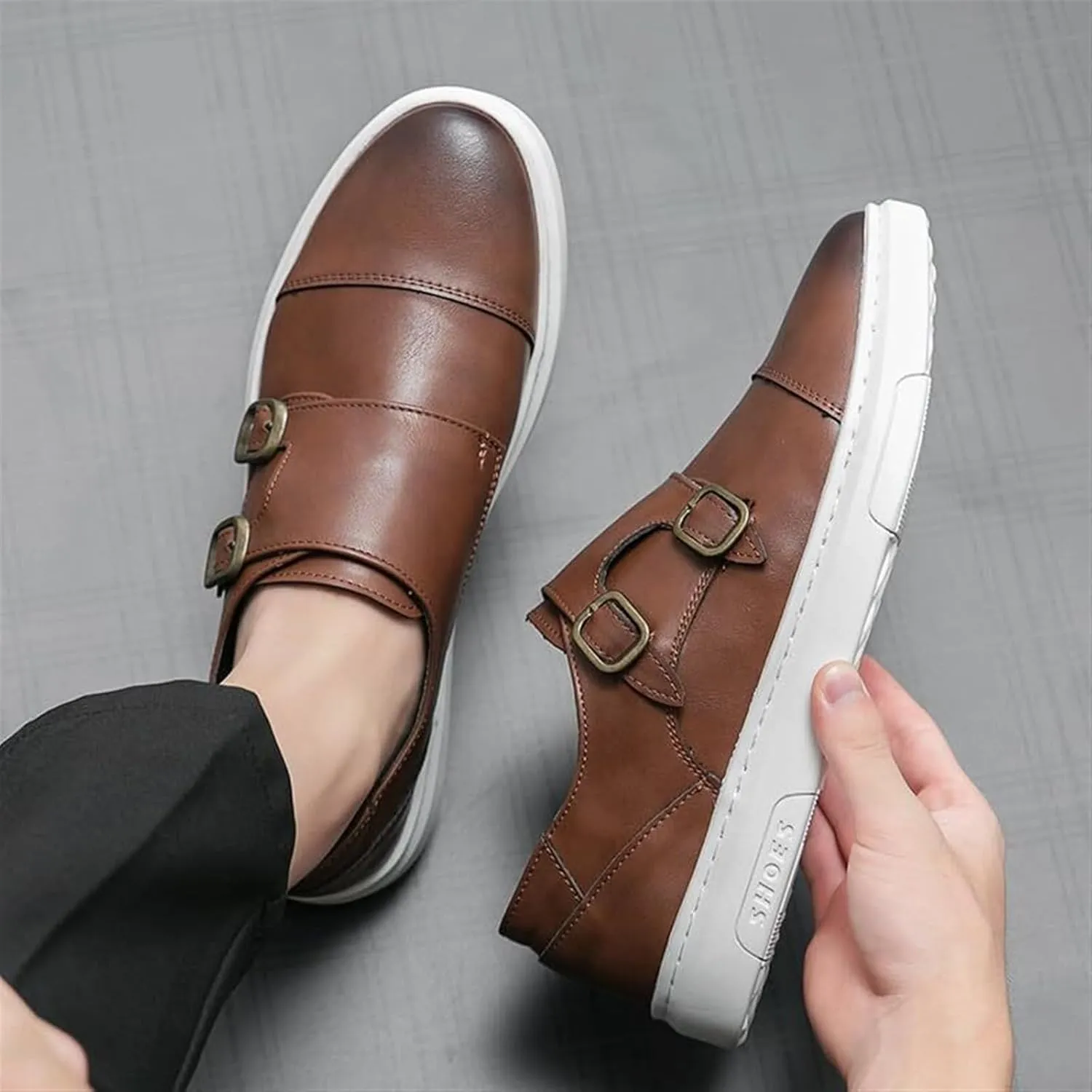 Men's Leather Platform Slip On Double Strap Loafers Fashion Classic Flats Sole Dress Business Casual Walking Shoes Comfort Sneakers Dress Penny Loafers Derby Shoes for Men