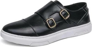 Men's Leather Platform Slip On Double Strap Loafers Fashion Classic Flats Sole Dress Business Casual Walking Shoes Comfort Sneakers Dress Penny Loafers Derby Shoes for Men