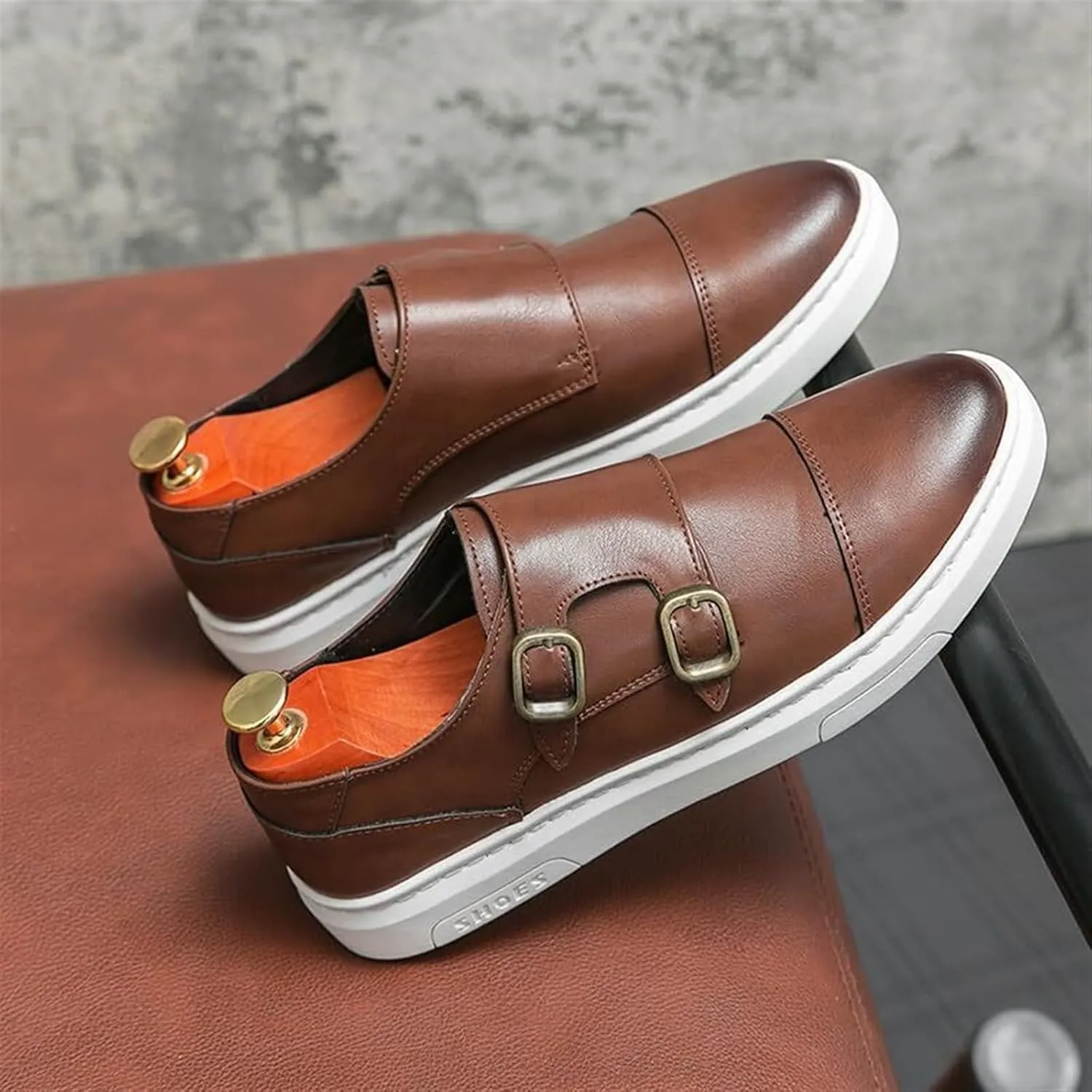 Men's Leather Platform Slip On Double Strap Loafers Fashion Classic Flats Sole Dress Business Casual Walking Shoes Comfort Sneakers Dress Penny Loafers Derby Shoes for Men