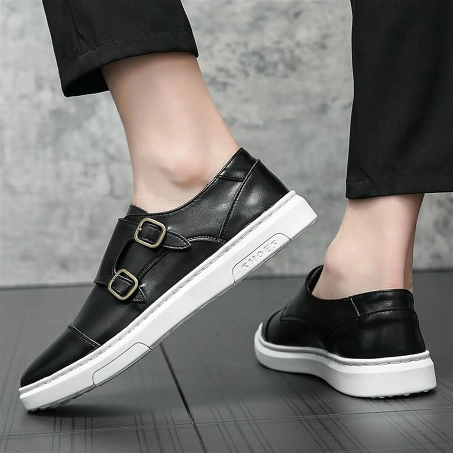 Men's Leather Platform Slip On Double Strap Loafers Fashion Classic Flats Sole Dress Business Casual Walking Shoes Comfort Sneakers Dress Penny Loafers Derby Shoes for Men