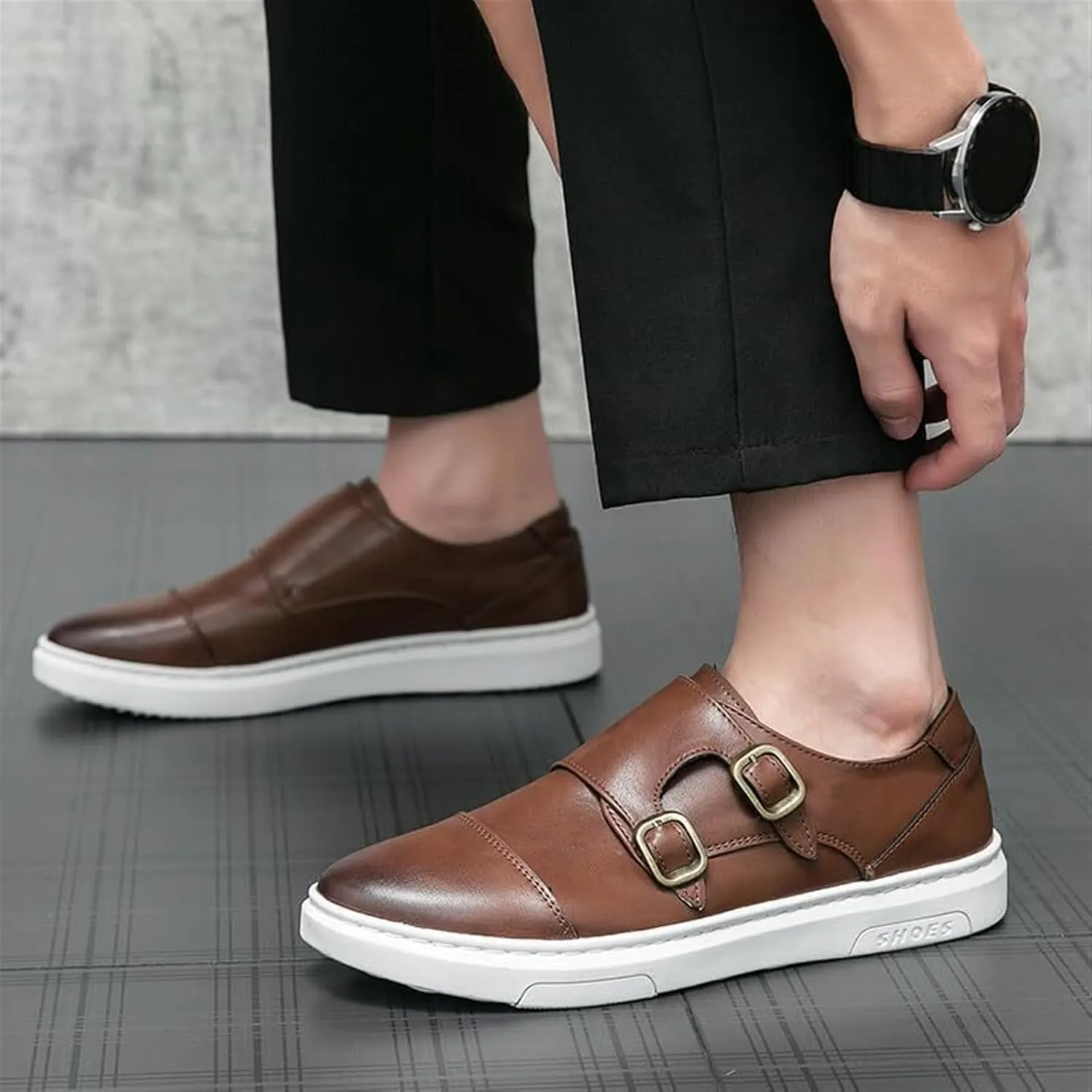 Men's Leather Platform Slip On Double Strap Loafers Fashion Classic Flats Sole Dress Business Casual Walking Shoes Comfort Sneakers Dress Penny Loafers Derby Shoes for Men
