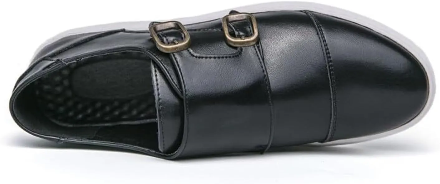 Men's Leather Platform Slip On Double Strap Loafers Fashion Classic Flats Sole Dress Business Casual Walking Shoes Comfort Sneakers Dress Penny Loafers Derby Shoes for Men