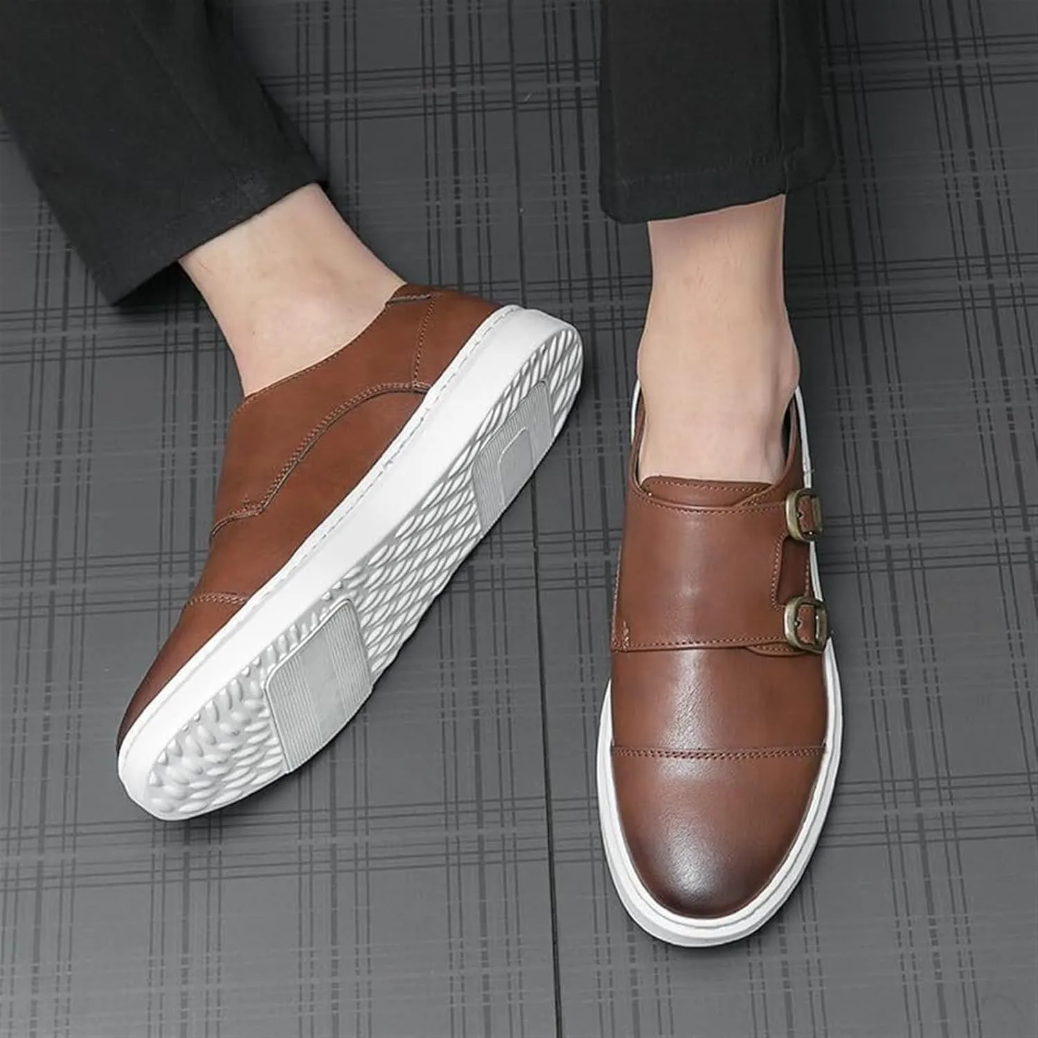 Men's Leather Platform Slip On Double Strap Loafers Fashion Classic Flats Sole Dress Business Casual Walking Shoes Comfort Sneakers Dress Penny Loafers Derby Shoes for Men