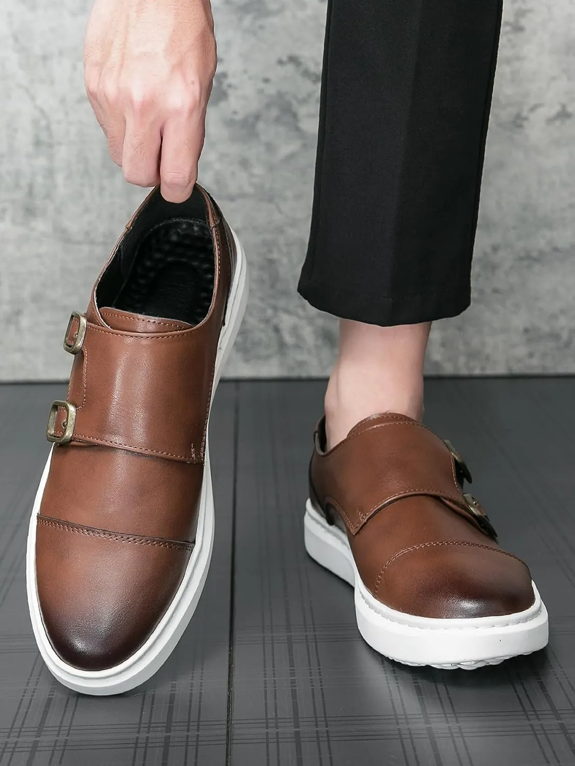 Men's Leather Platform Slip On Double Strap Loafers Fashion Classic Flats Sole Dress Business Casual Walking Shoes Comfort Sneakers Dress Penny Loafers Derby Shoes for Men