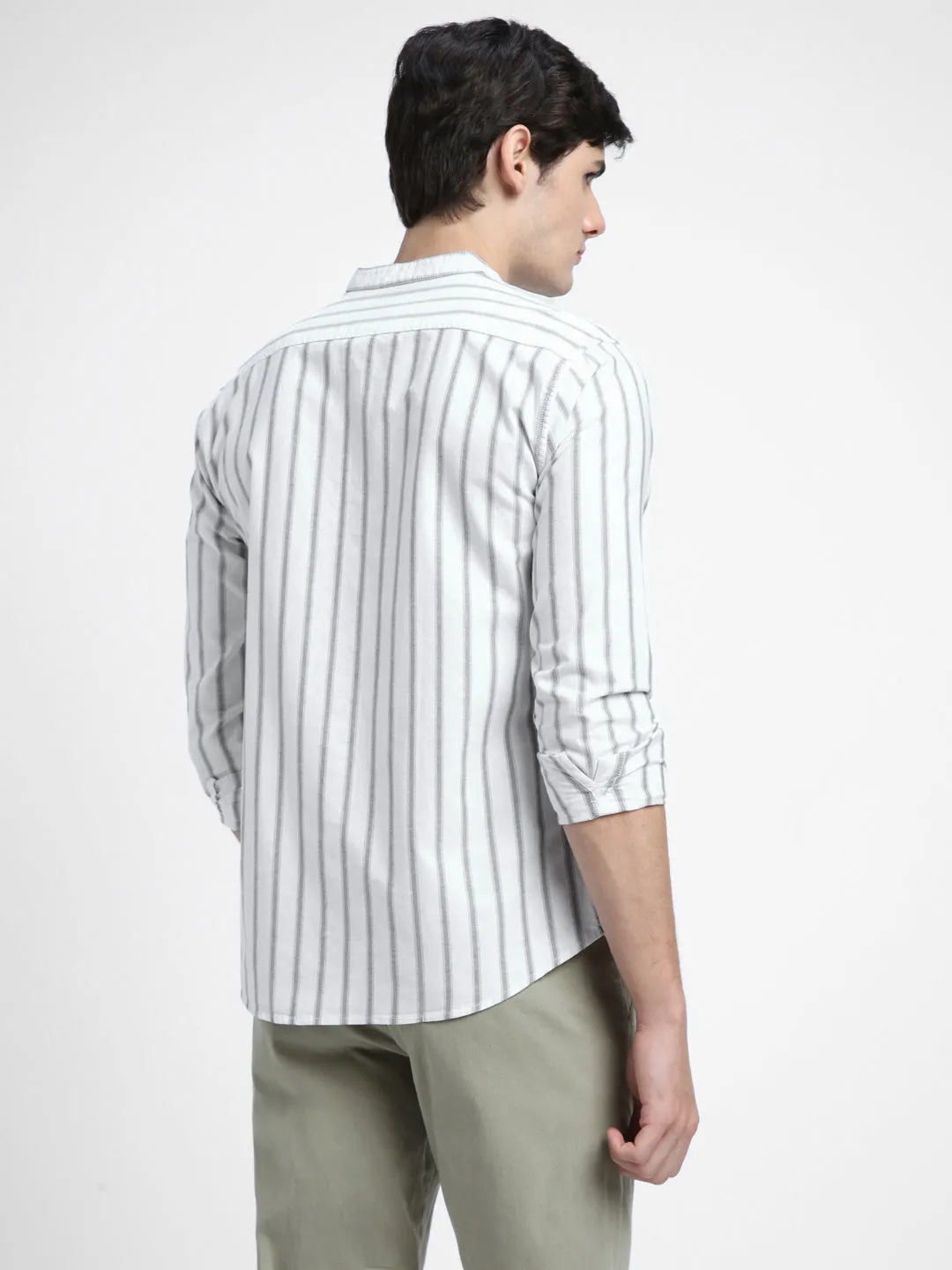 Men's Mandarin Collar Slim Fit Stripes White Casual Shirts