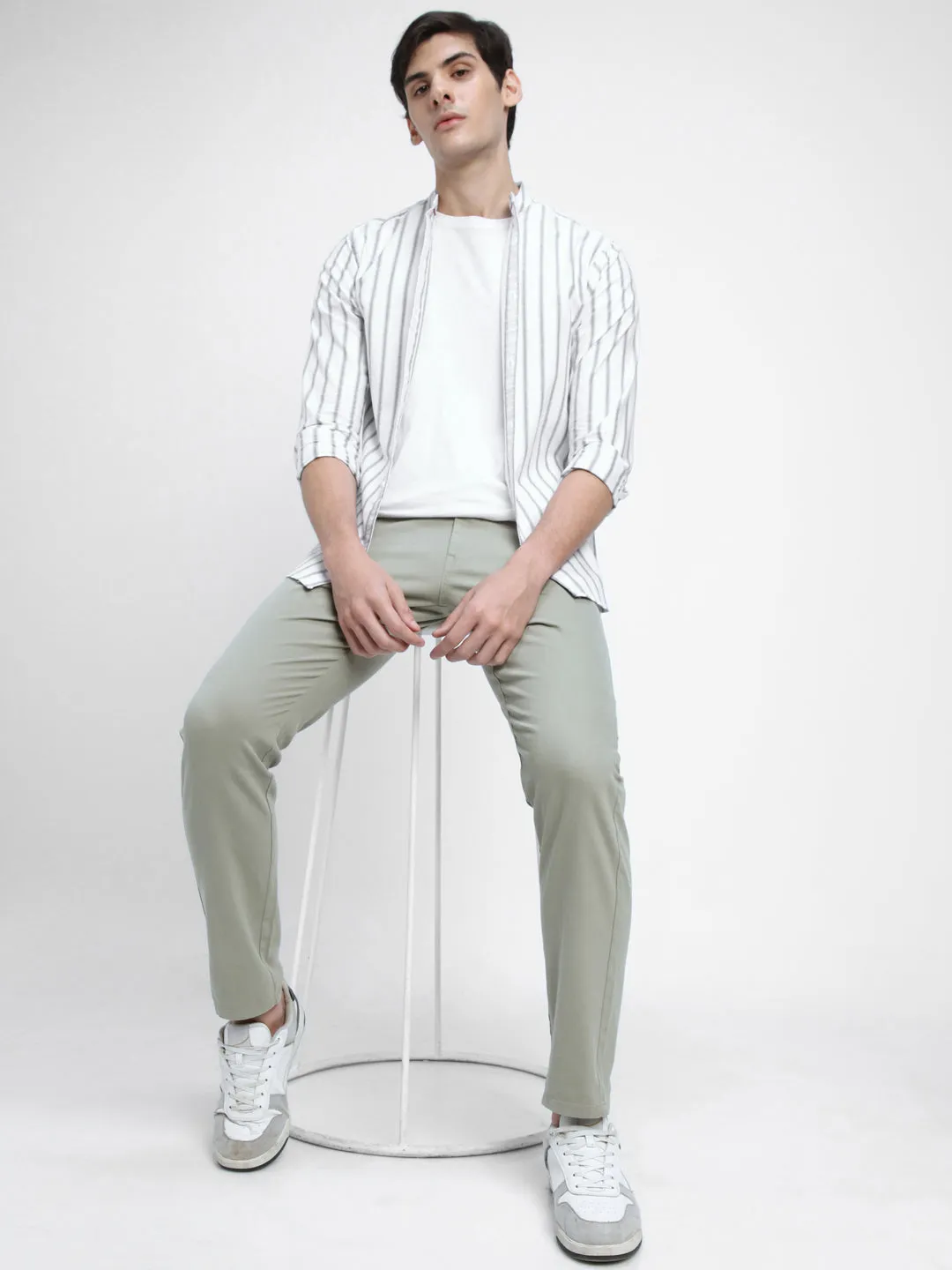 Men's Mandarin Collar Slim Fit Stripes White Casual Shirts