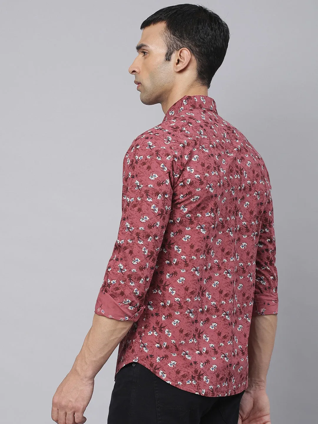 Men's Pink Comfort Slim Fit Floral Printed Pure Cotton Casual Shirt