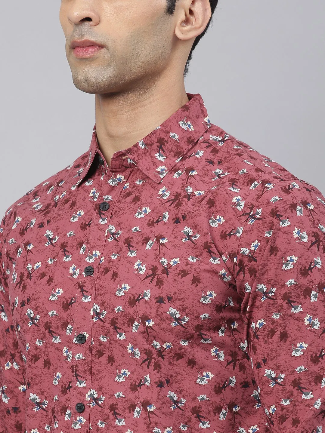 Men's Pink Comfort Slim Fit Floral Printed Pure Cotton Casual Shirt