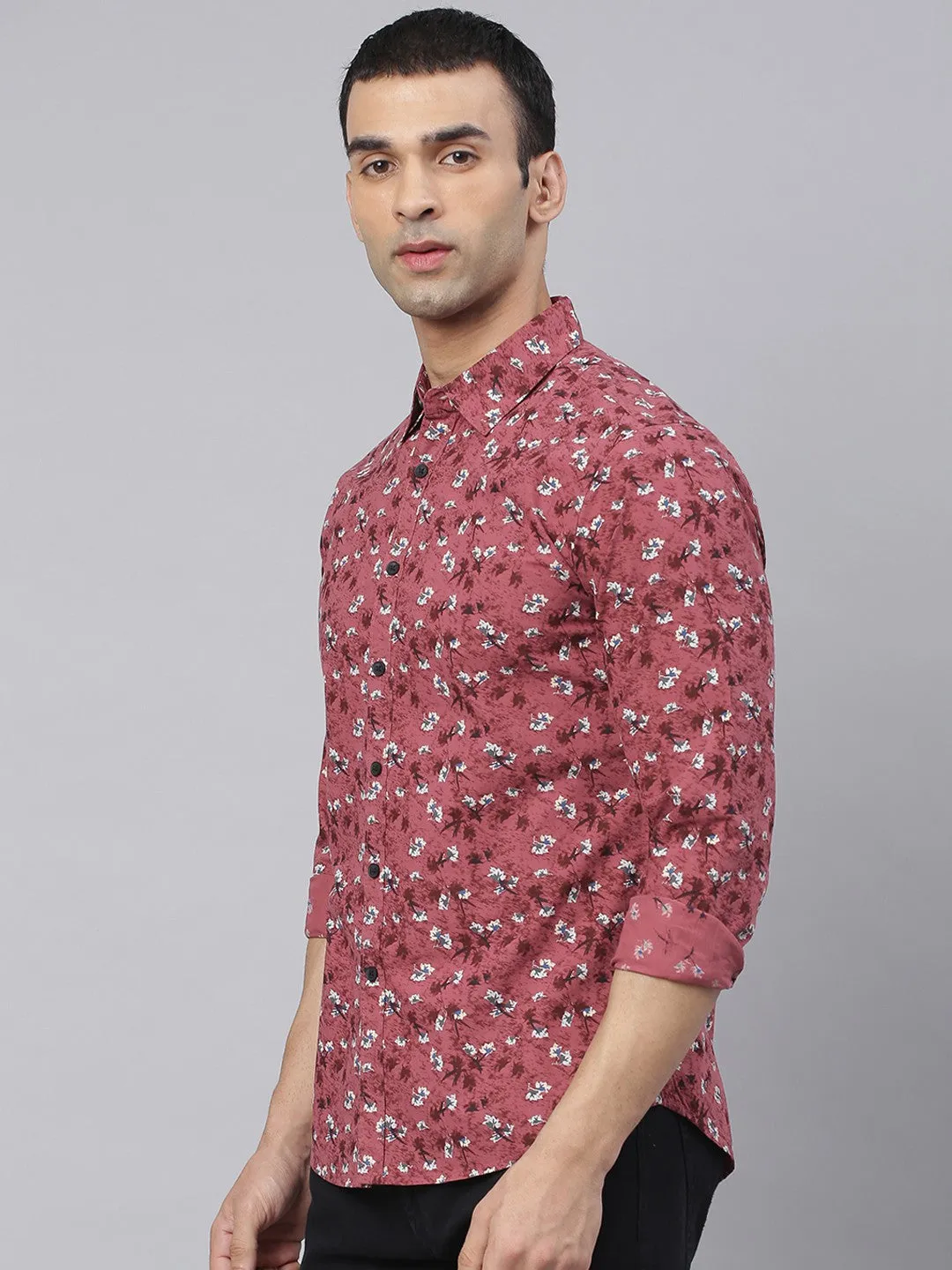 Men's Pink Comfort Slim Fit Floral Printed Pure Cotton Casual Shirt