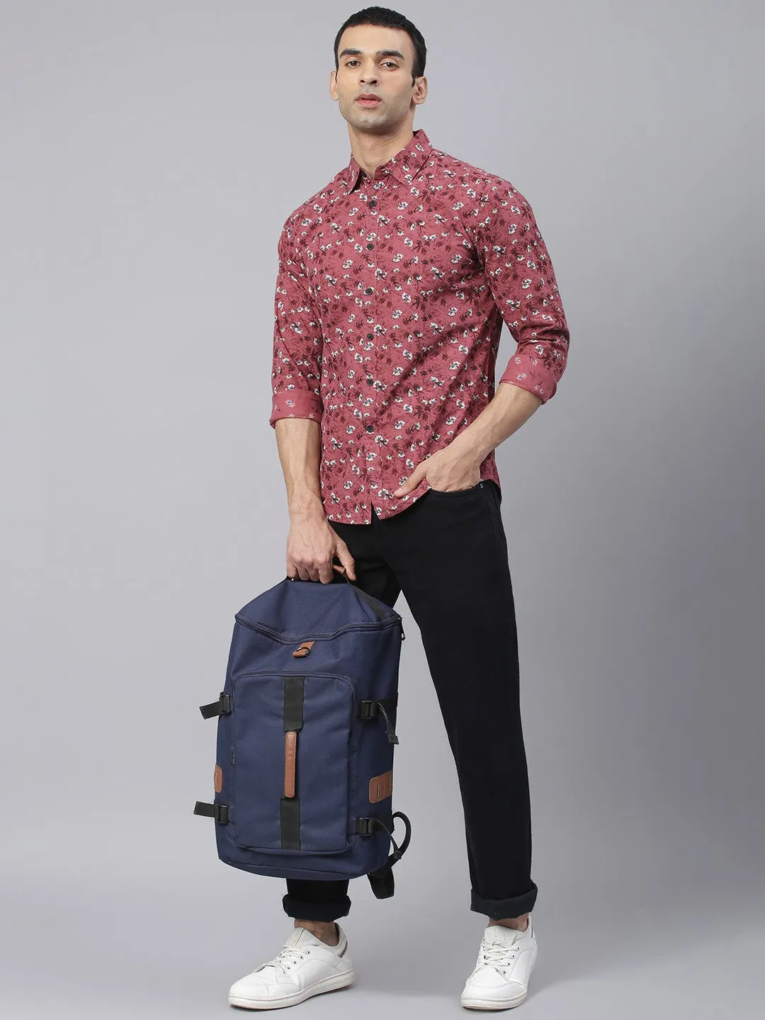 Men's Pink Comfort Slim Fit Floral Printed Pure Cotton Casual Shirt