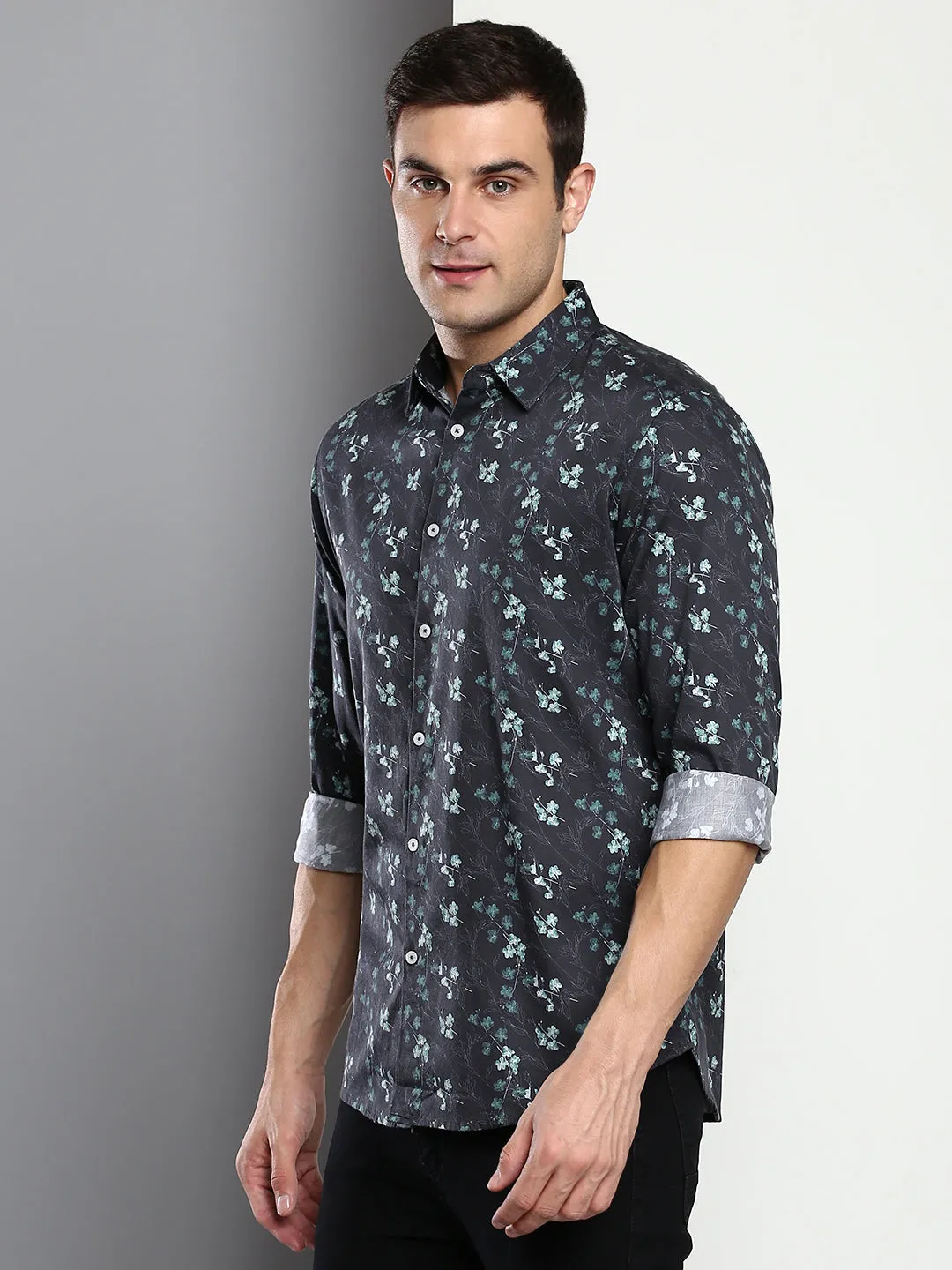 Men's Printed Black Slim Fit Satin Casual Shirt With Spread Collar & Full Sleeves (C9059_Black_S)