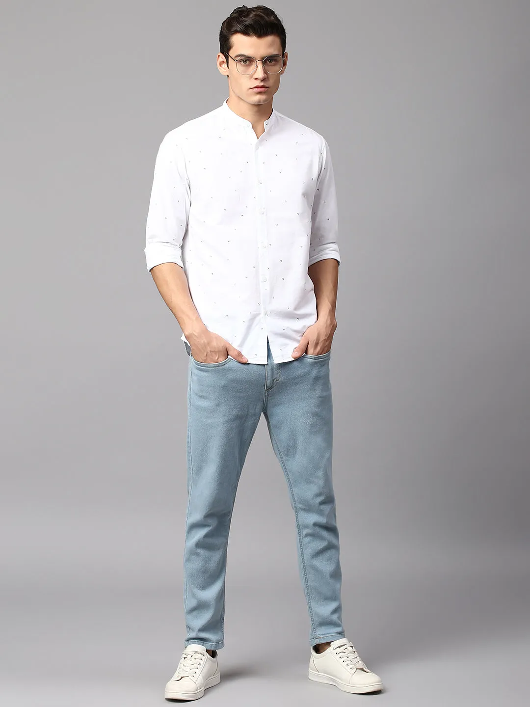 Men's Printed White Slim Fit Casual Shirt Mandarin Collar