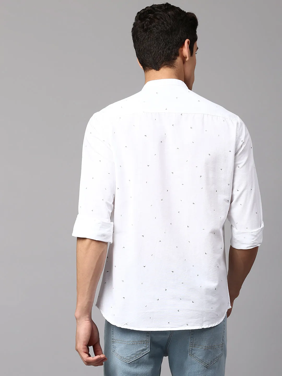 Men's Printed White Slim Fit Casual Shirt Mandarin Collar