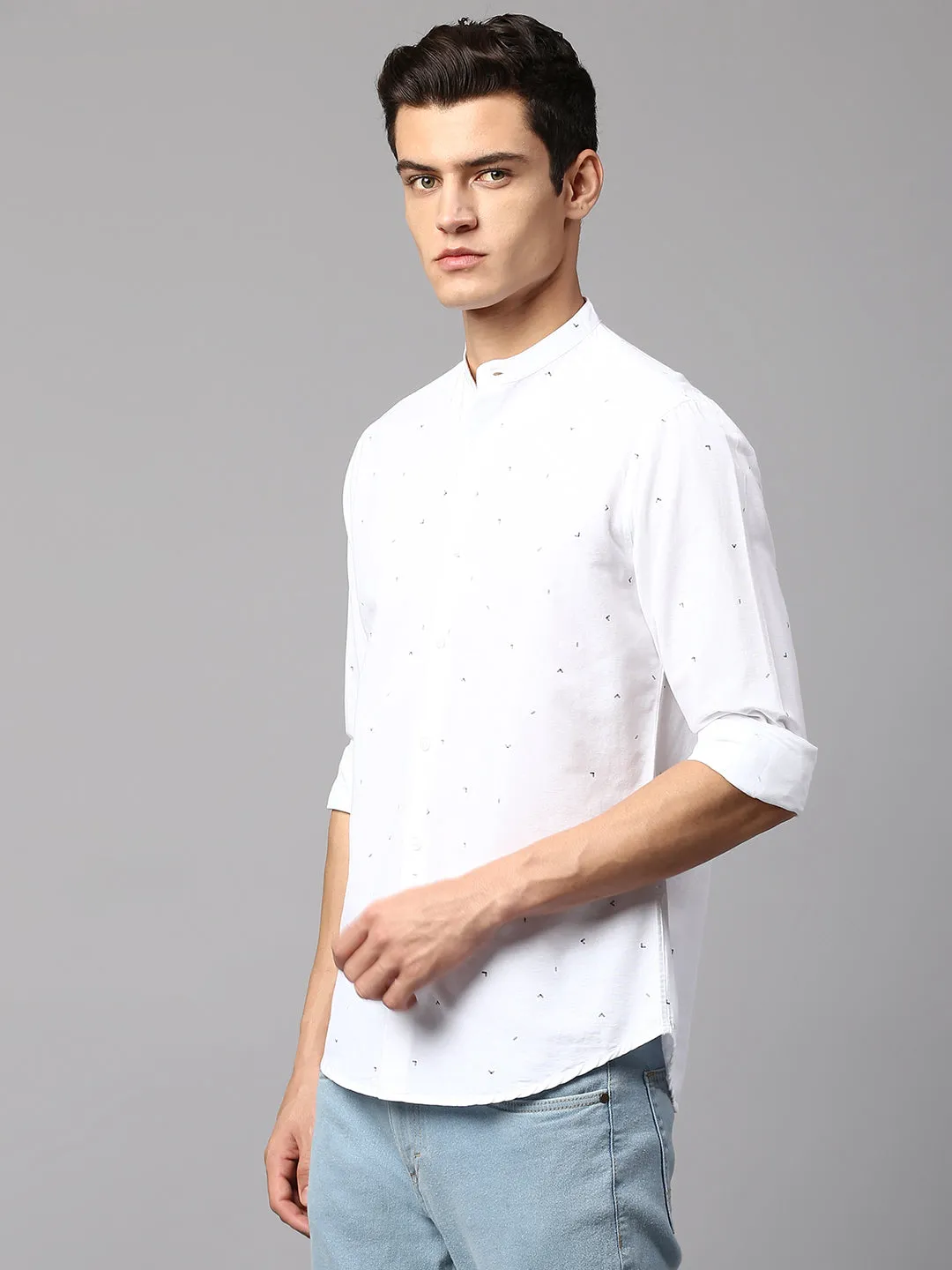 Men's Printed White Slim Fit Casual Shirt Mandarin Collar