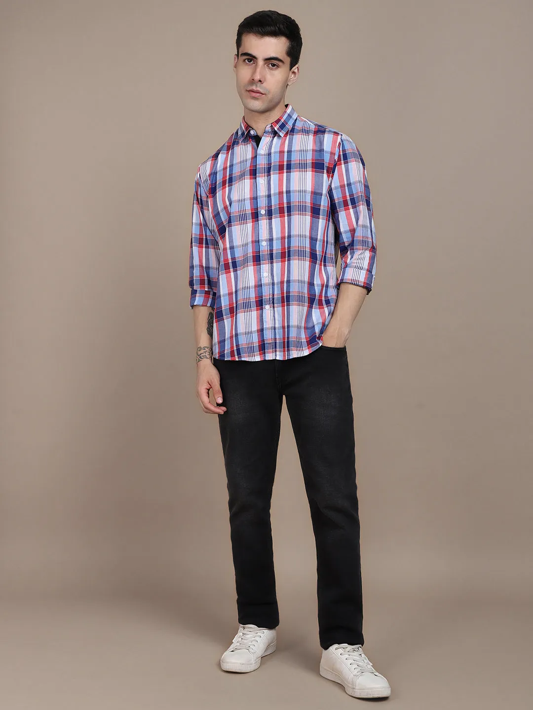 Men's Regular Collar Slim Fit Stripes Green Casual Shirts