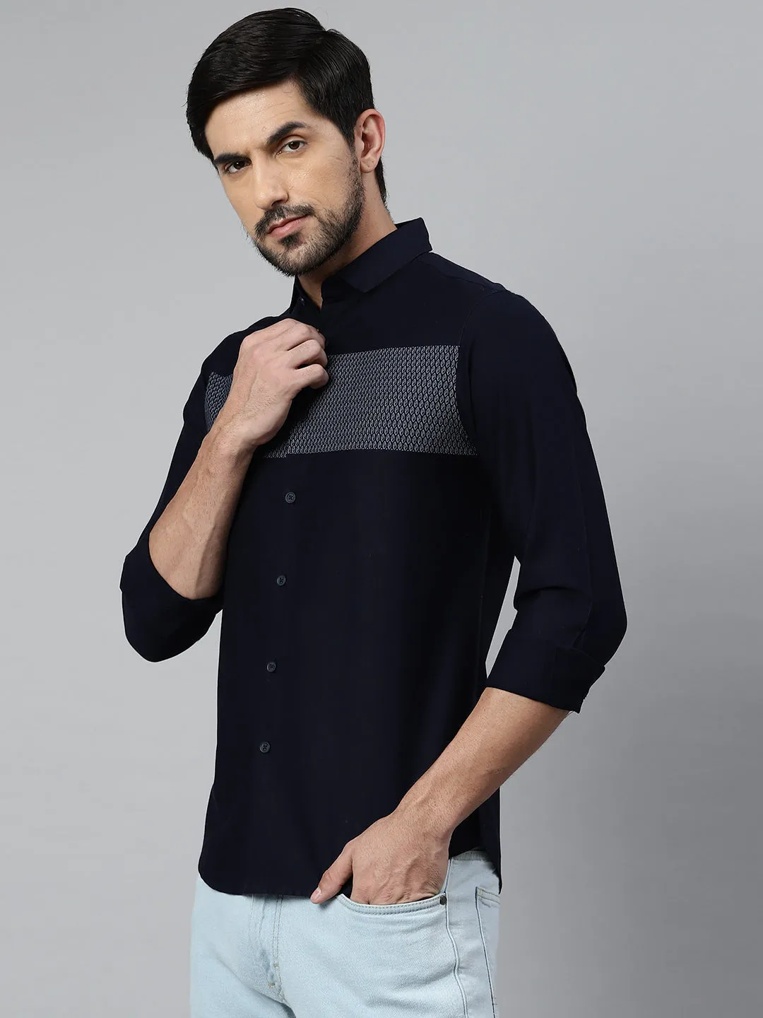 Men's Self Design Spread Collar Slim Fit Fulll Sleves Shirts (Navy)