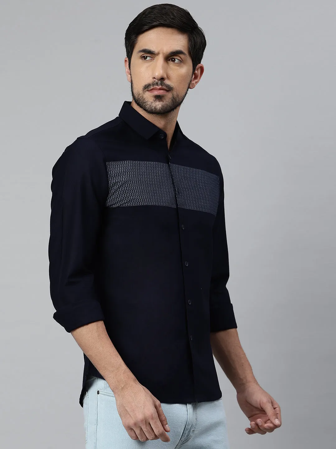 Men's Self Design Spread Collar Slim Fit Fulll Sleves Shirts (Navy)