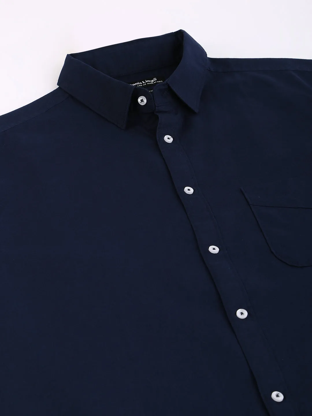 Men's Solid Navy Slim Fit Cotton Linen Casual Shirt With Spread Collar & Half Sleeves