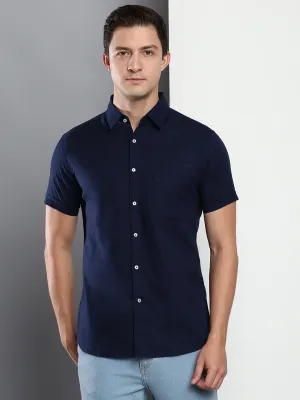 Men's Solid Navy Slim Fit Cotton Linen Casual Shirt With Spread Collar & Half Sleeves