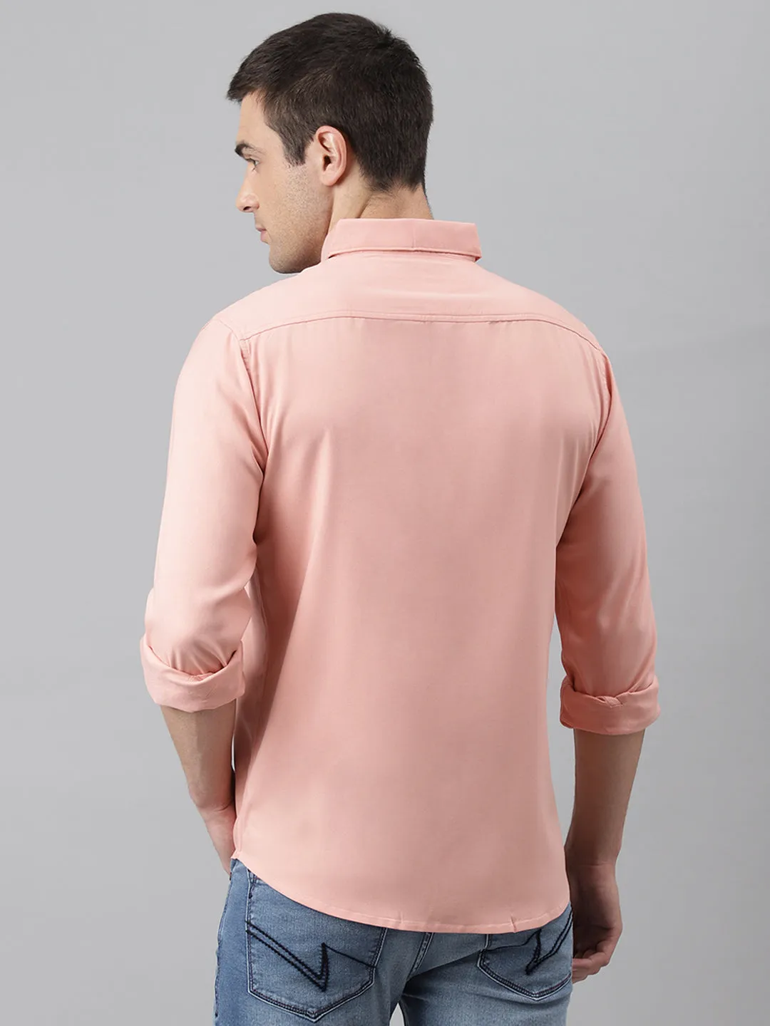 Men's Solid Peach Slim Fit Cotton Casual Shirt