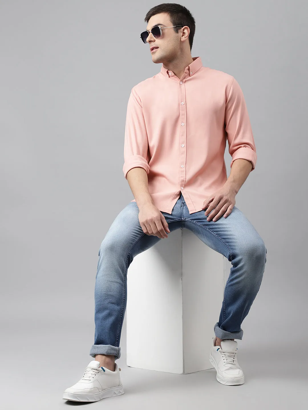 Men's Solid Peach Slim Fit Cotton Casual Shirt