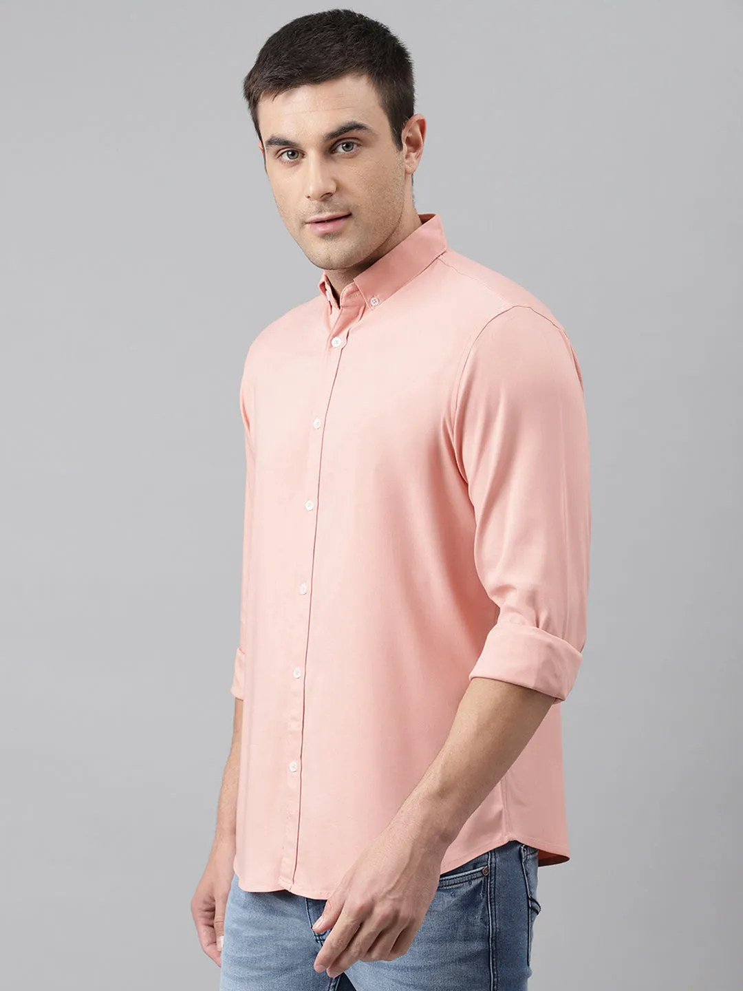 Men's Solid Peach Slim Fit Cotton Casual Shirt