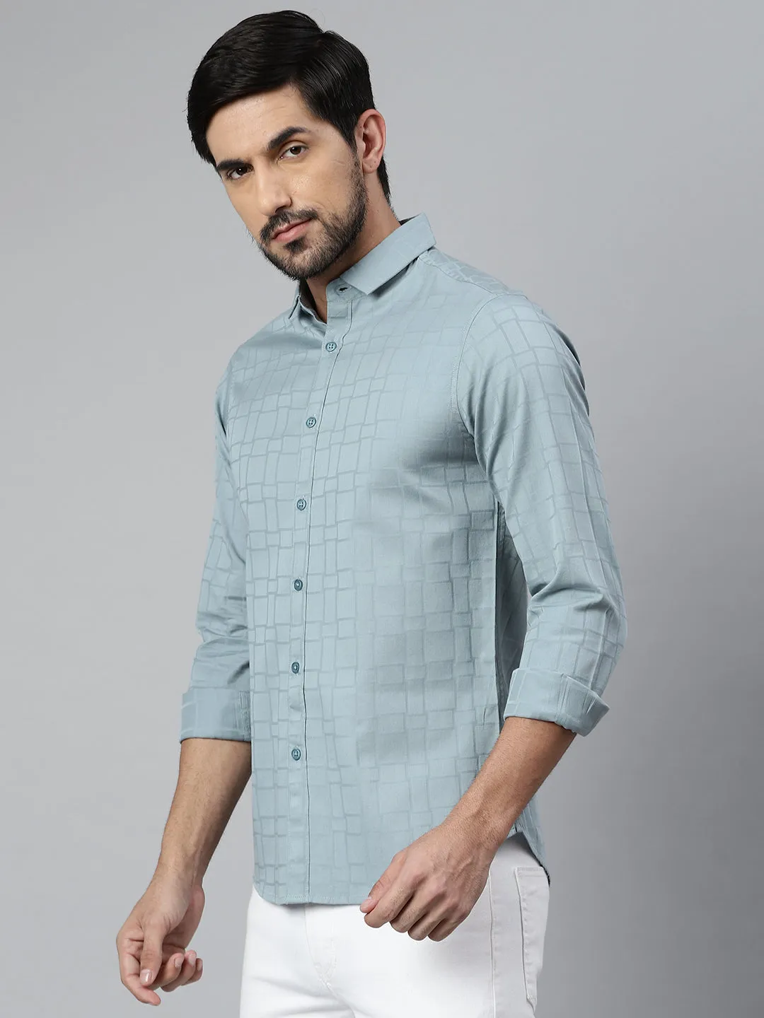 Men's Solid/Plain  Slim Fit Spread Collar Shirt (Teal)