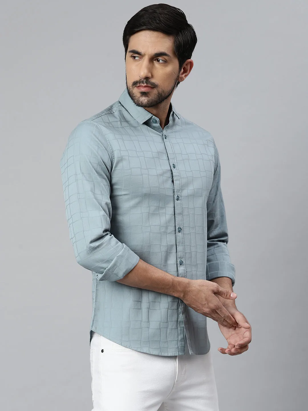 Men's Solid/Plain  Slim Fit Spread Collar Shirt (Teal)