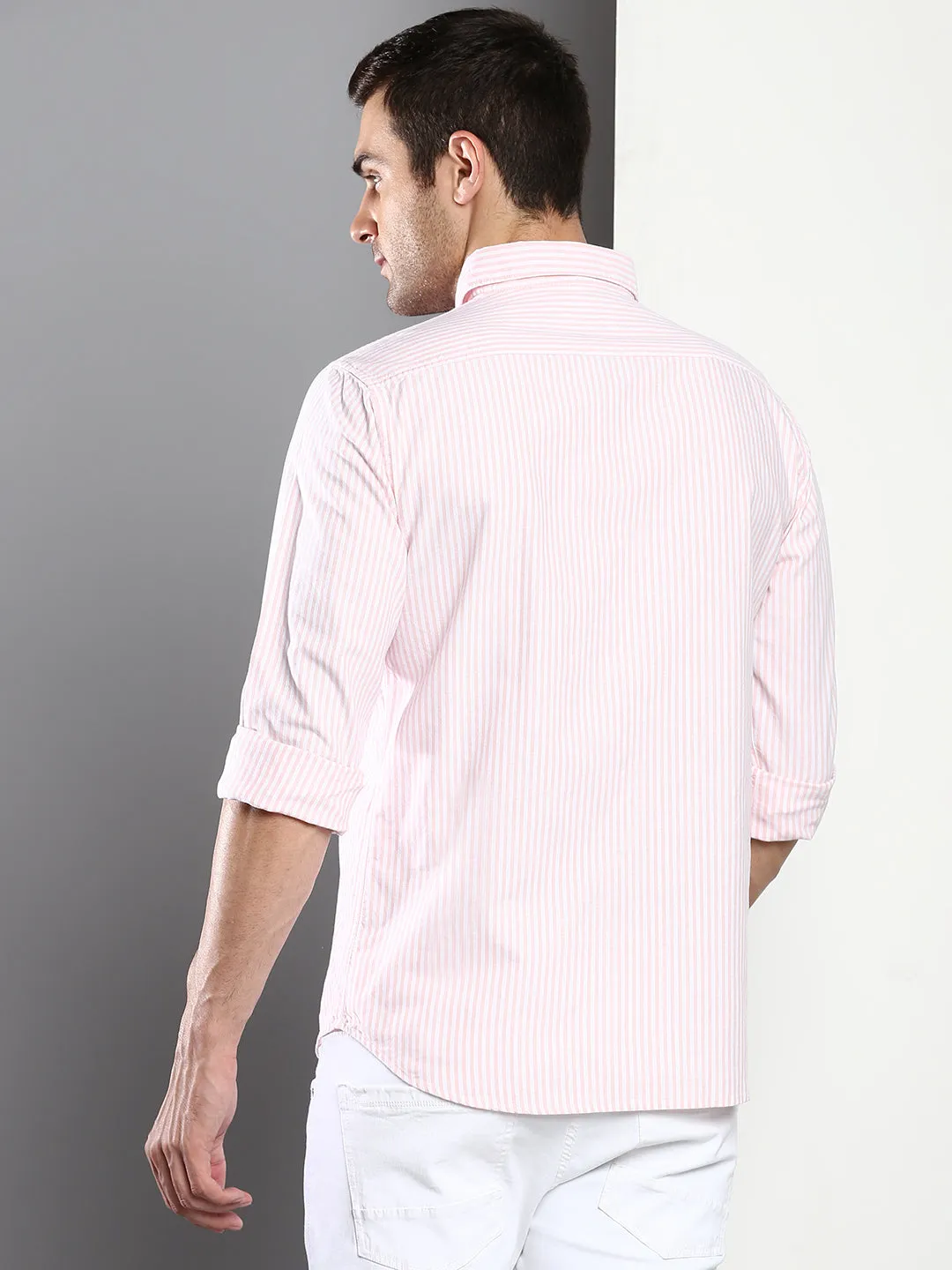 Men's Striped Pink Slim Fit Oxford Cotton Casual Shirt With Spread Collar & Full Sleeves (C9036_Pink_S)