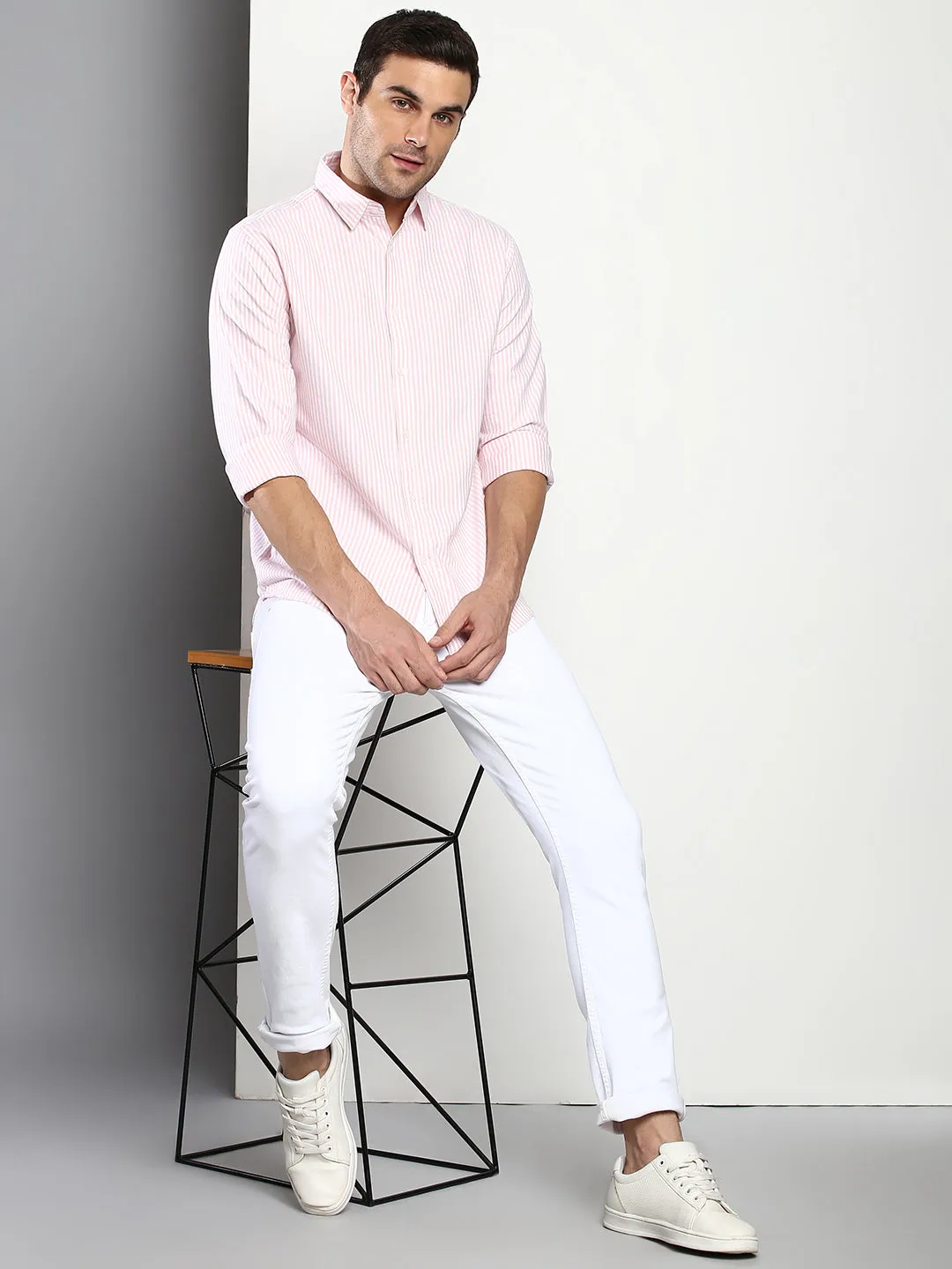 Men's Striped Pink Slim Fit Oxford Cotton Casual Shirt With Spread Collar & Full Sleeves (C9036_Pink_S)