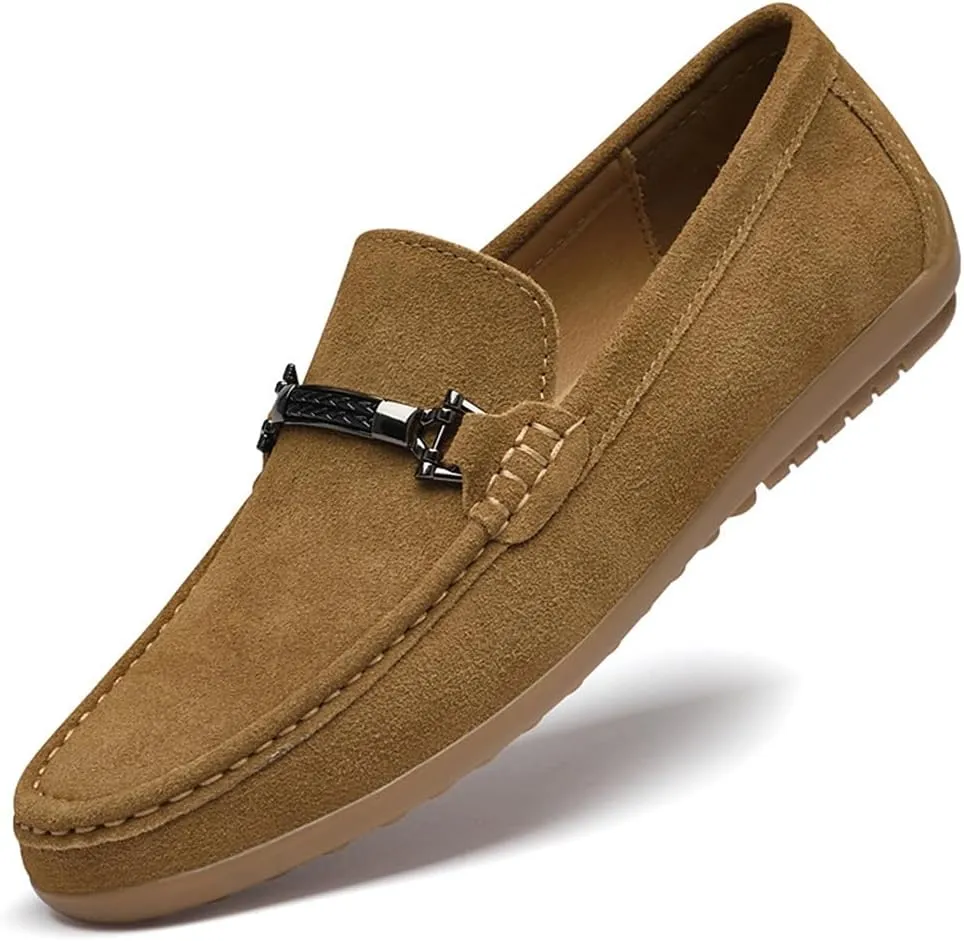 Men's Suede Hand-Stitched Flat Loafers Retro Round Toe Metal Decoration Soft Sole Foldable Non-Slip Work Casual Driving Shoes