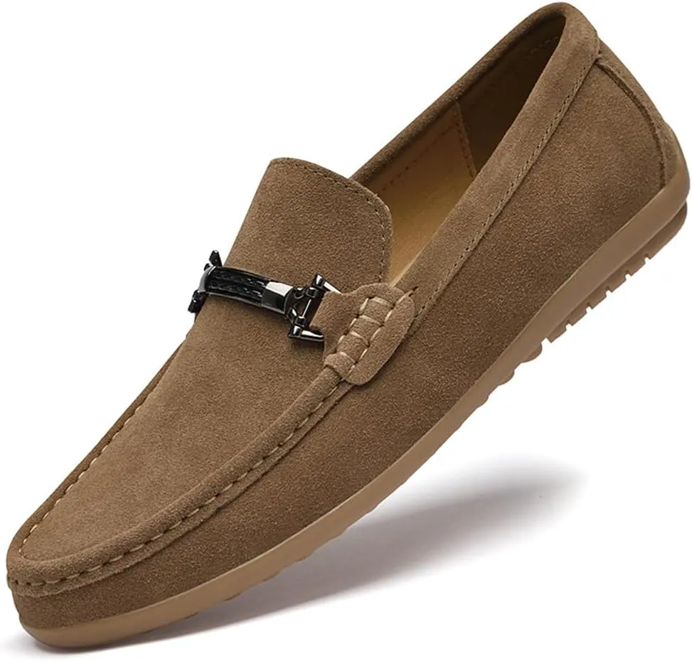 Men's Suede Hand-Stitched Flat Loafers Retro Round Toe Metal Decoration Soft Sole Foldable Non-Slip Work Casual Driving Shoes