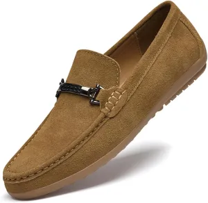 Men's Suede Hand-Stitched Flat Loafers Retro Round Toe Metal Decoration Soft Sole Foldable Non-Slip Work Casual Driving Shoes