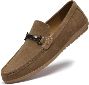 Men's Suede Hand-Stitched Flat Loafers Retro Round Toe Metal Decoration Soft Sole Foldable Non-Slip Work Casual Driving Shoes