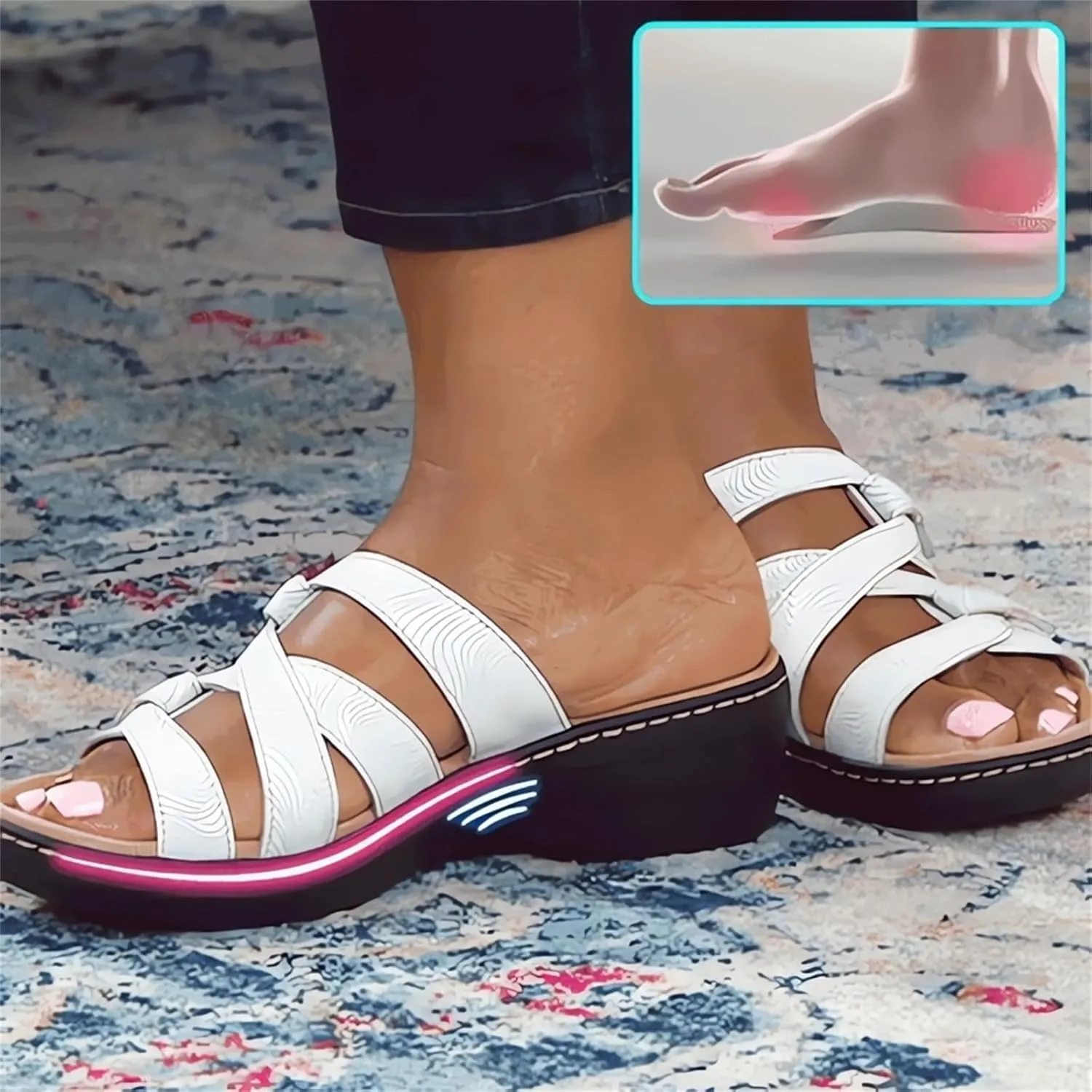 Orthopedic Sandals for Women Faux Leather Wedges Open Toe Wide Width Slippers Orthotic Slippers Non Slip Comfortable Walking Shoes Retro Slides for All Day Wear